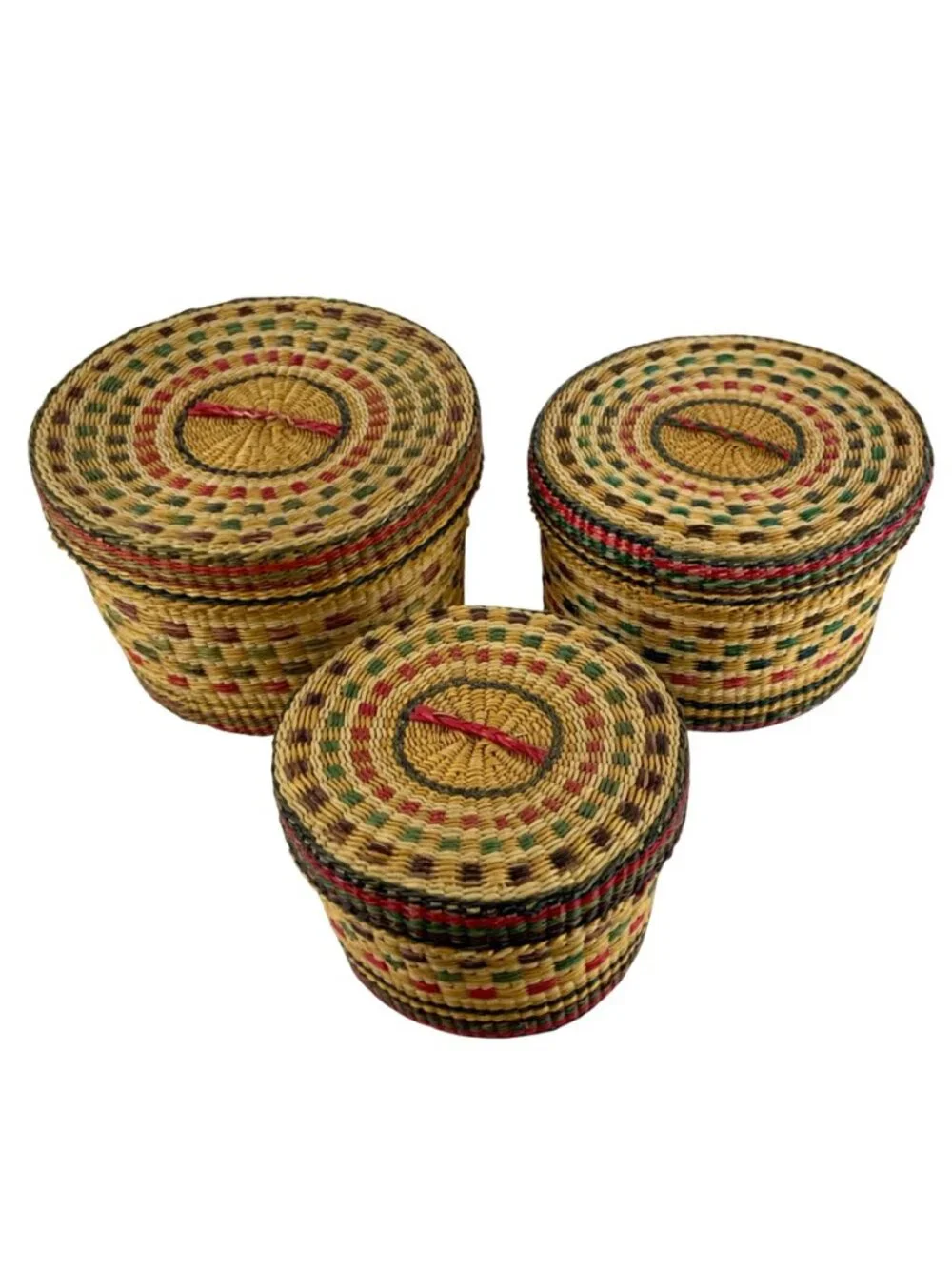 Set Of 3 Round Woven Straw Storage Baskets With Lids Multicolor Made In China
